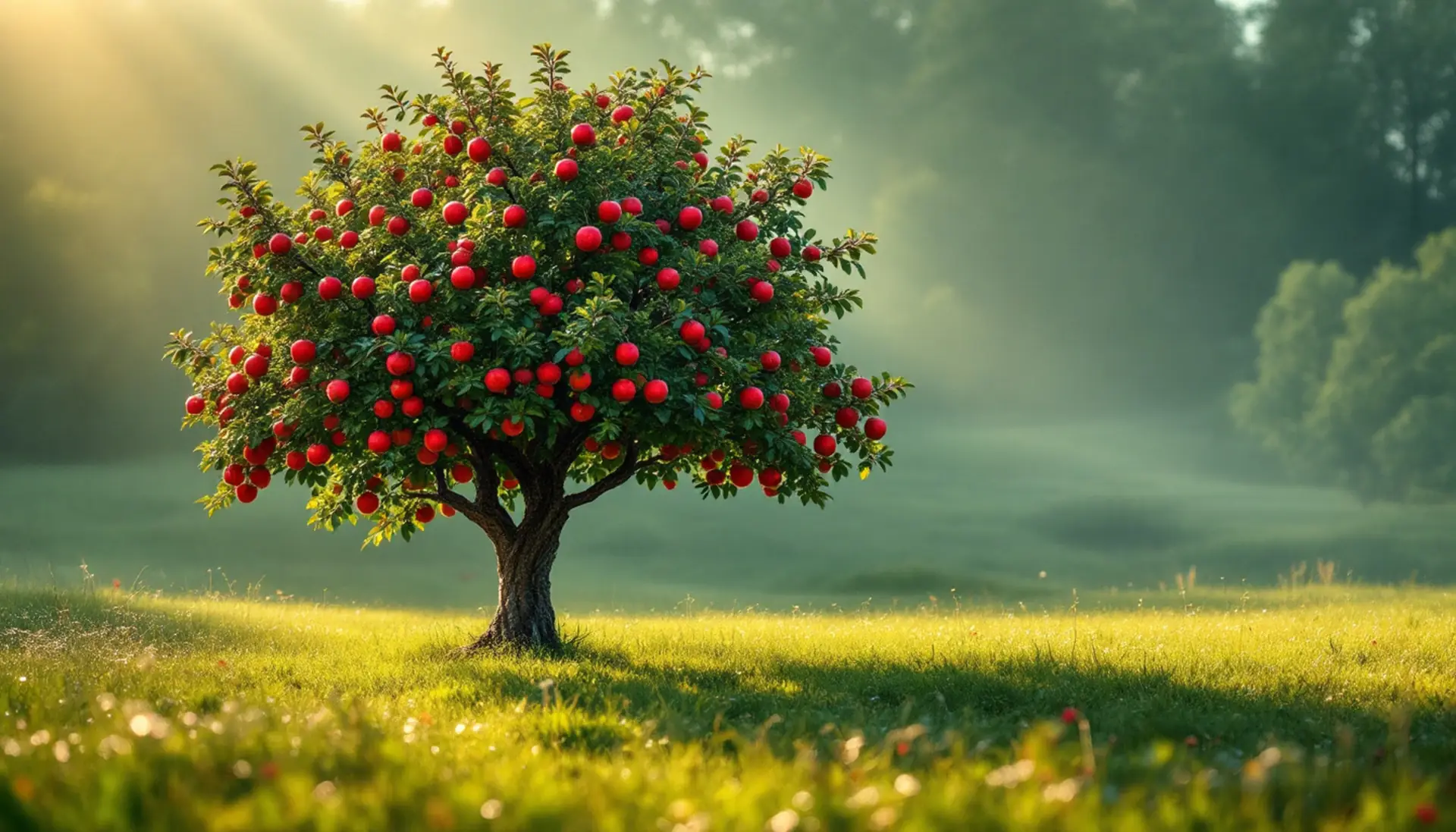 An old apple tree heavy with ripe red apples standing alone in a sunlit grassy clearing at morning, GladeYield personal loan requests $100 to $5,000